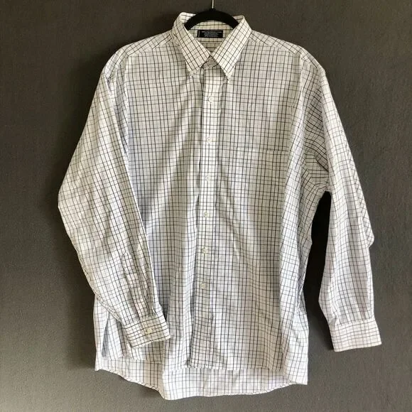 Button Up Dress Shirt Men's Sz L White Long Sleeve Blue Checkered George Western - Picture 2 of 13